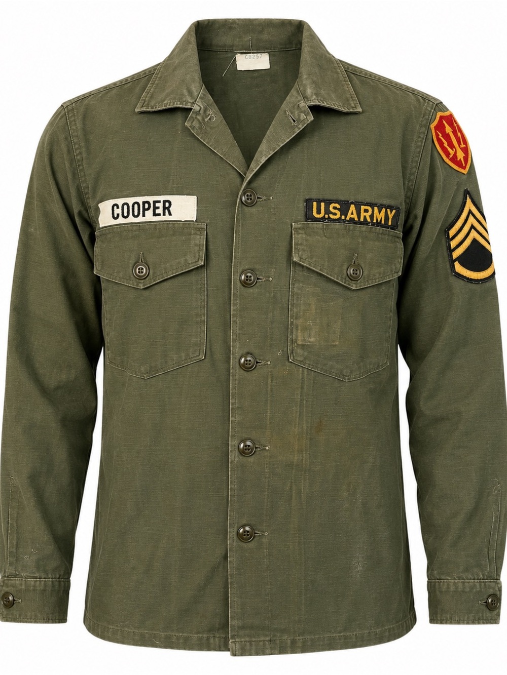 Vintage US Army OG-107 Utility Shirt Cooper SGT Patches Vietnam Era Military